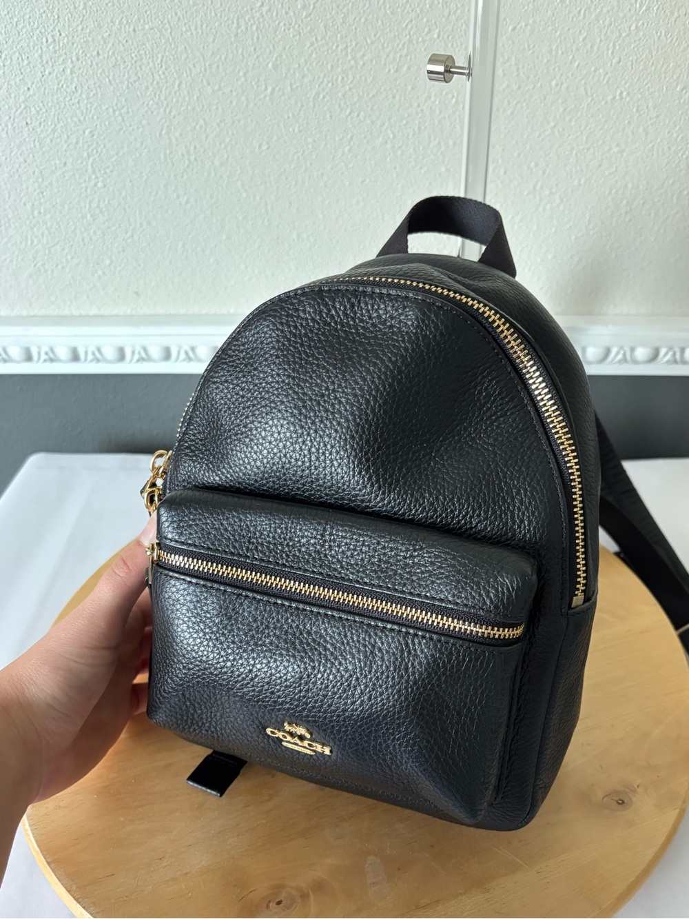 Coach Black Pebbled Leather Mini Backpack with Gold Hardware